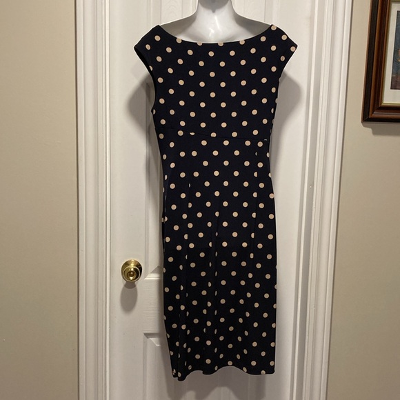 NWOT - Connected Apparel Navy & Cream Polka Dot Faux Wrap Dress - Size 12 - Picture 5 of 15